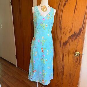 Ralph Lauren Aqua Floral V-Neck Linen Midi Dress